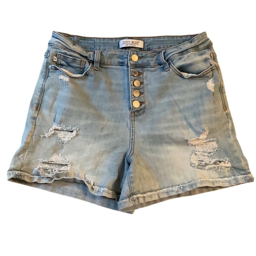 Judy Blue High Rise Distressed Button Fly‎ Denim Shorts Light Wash Women Large